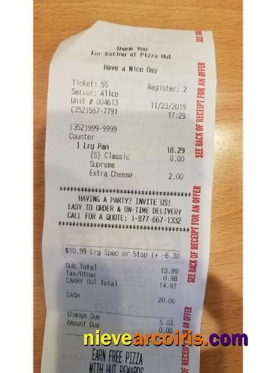 Pizza Hut restaurant payment receipt
